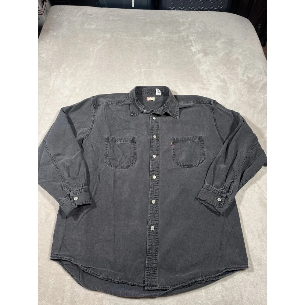 Vintage Levis Red Tab Button Up Shirt Size XL Black Distressed Cotton